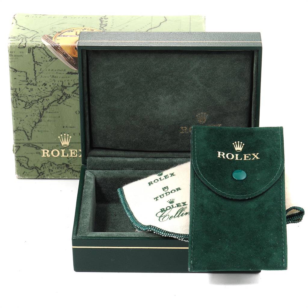 The image shows a Rolex Vintage Collection 1500 Men's Stainless Steel Blue Dial 1500 Men's Stainless Steel Blue Dial green box, case, and cleaning cloth, all viewed from the front.