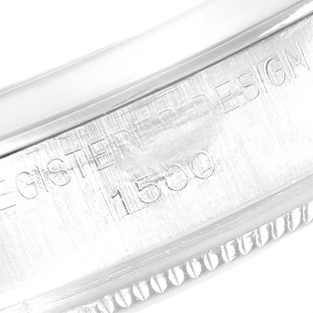 The image shows a close-up angle of the case side with engraved model number "1500" of a Rolex Vintage Collection 1500 Men's Stainless Steel Blue Dial 1500 Men's Stainless Steel Blue Dial watch.