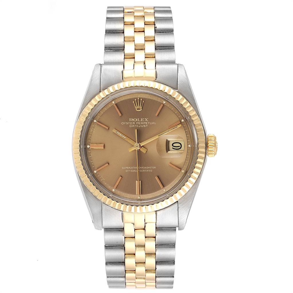 The Rolex Vintage Collection 1601 Men's Steel and Gold (two tone) Brown Dial 1601 Men's Steel and Gold (two tone) Brown Dial model watch is shown from the front, featuring the dial, crown, bracelet, and date window.