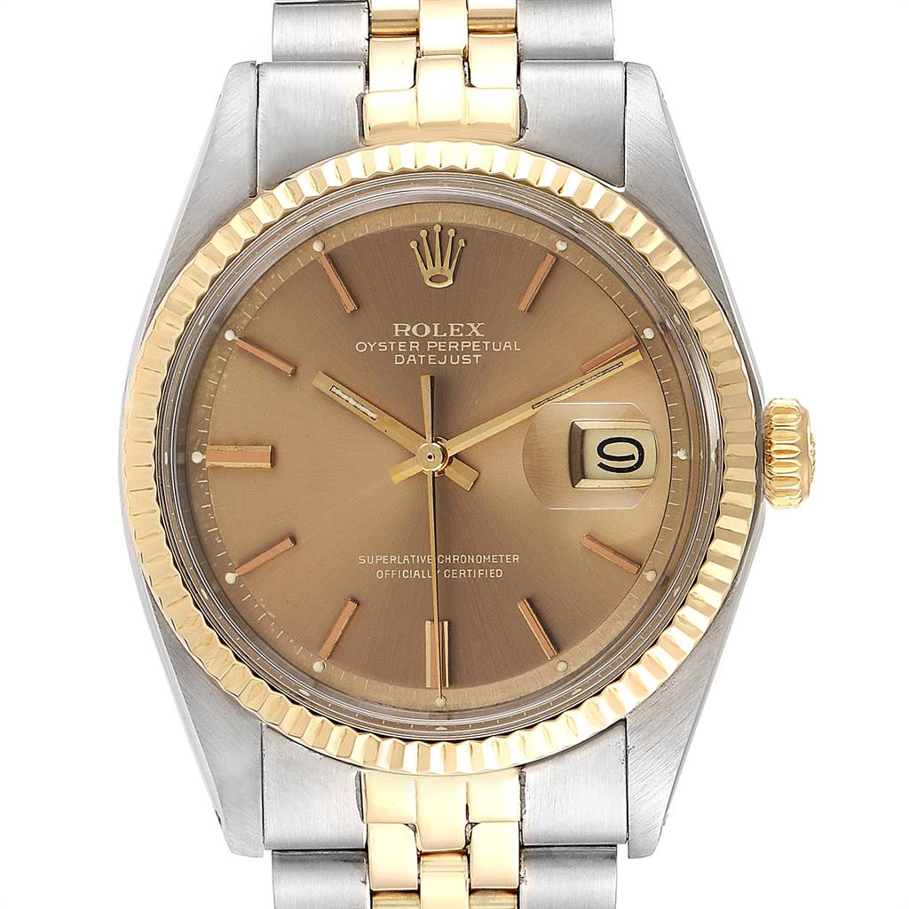 The image shows a front view of the Vintage Collection Rolex Datejust watch, highlighting its dial, bezel, and part of the bracelet.
