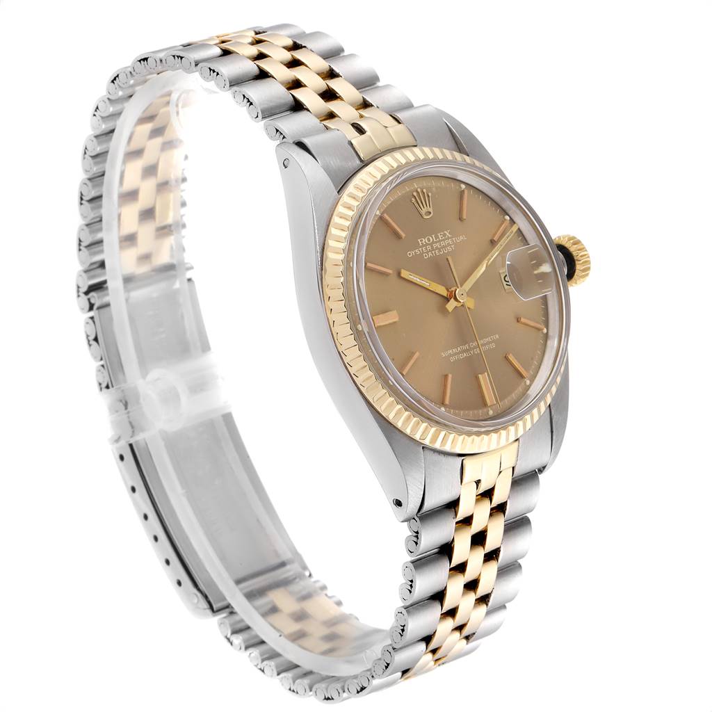 The image shows a Rolex Vintage Collection 1601 Men's Steel and Gold (two tone) Brown Dial 1601 Men's Steel and Gold (two tone) Brown Dial watch from an angled side view, highlighting its face, bezel, and metal bracelet.