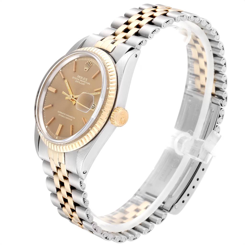 The Rolex Vintage Collection 1601 Men's Steel and Gold (two tone) Brown Dial 1601 Men's Steel and Gold (two tone) Brown Dial model watch is shown at an angle highlighting the face, crown, and two-tone jubilee bracelet.