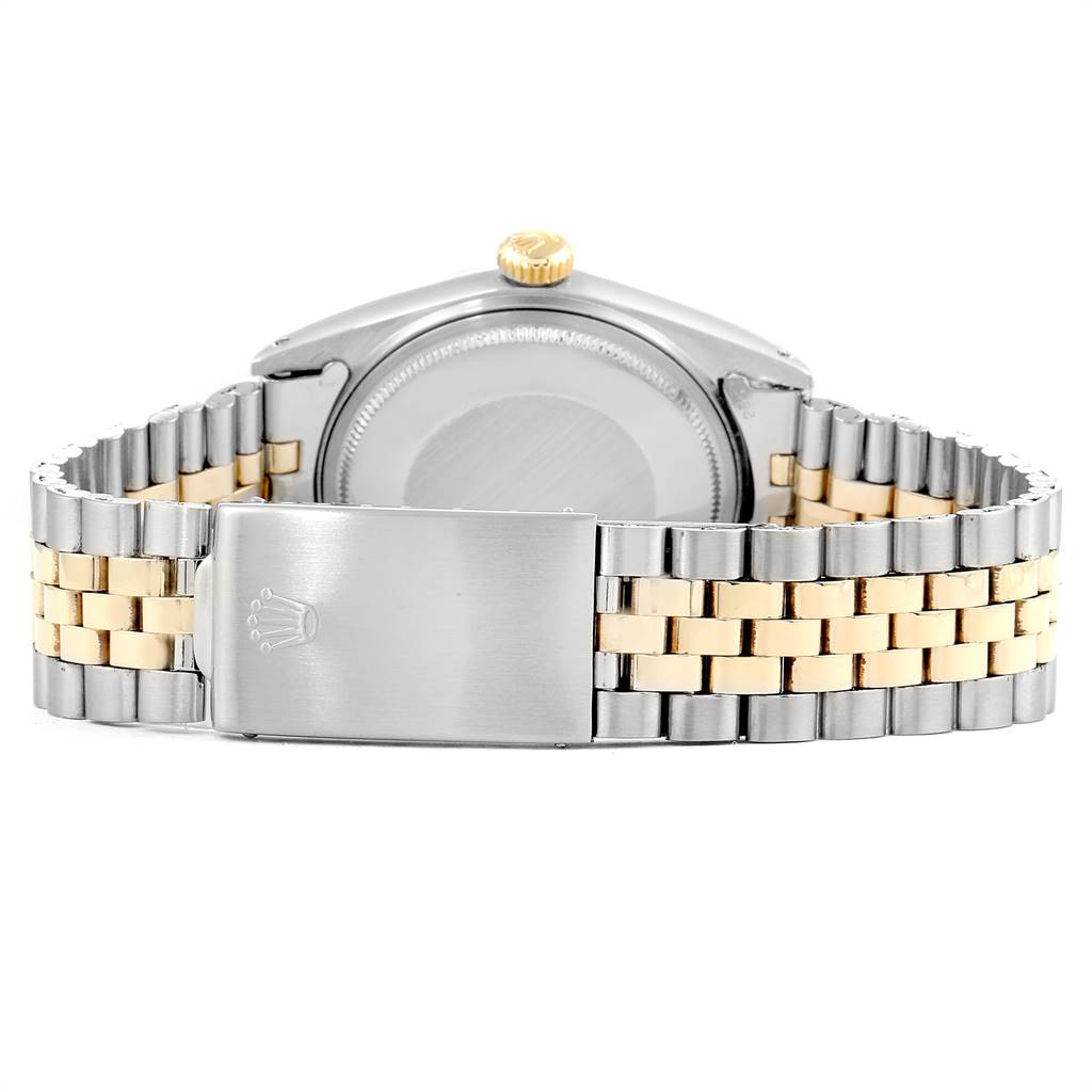 The image shows the back case and bracelet of a Rolex Vintage Collection 1601 Men's Steel and Gold (two tone) Brown Dial 1601 Men's Steel and Gold (two tone) Brown Dial watch at a rear angle.