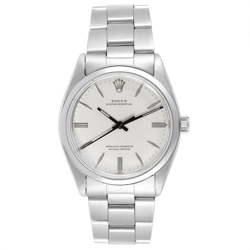 The image shows a front view of the Rolex Vintage Collection 1002 Men
s Stainless Steel Silver Dial 1002 Men
s Stainless Steel Silver Dial model watch, highlighting the dial, bezel, and bracelet.