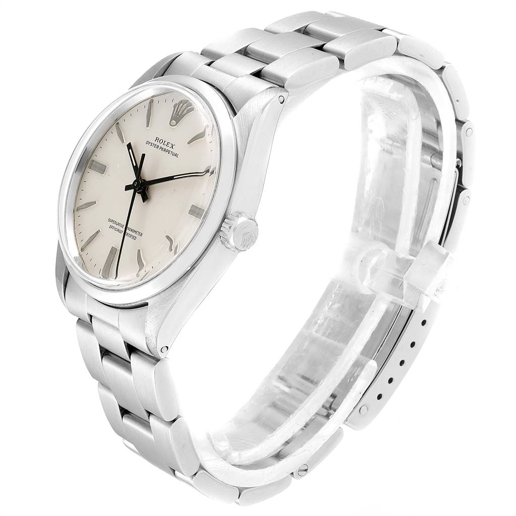 The Rolex Vintage Collection 1002 Men
s Stainless Steel Silver Dial 1002 Men
s Stainless Steel Silver Dial watch is shown at a 3/4 angle highlighting the case, crown, dial, and bracelet.