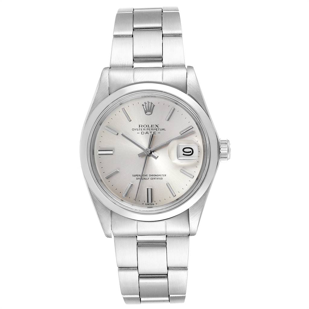 The image shows a front view of the Rolex Vintage Collection 1500 Men
s Stainless Steel Silver Dial 1500 Men
s Stainless Steel Silver Dial Oyster Perpetual Date wristwatch.