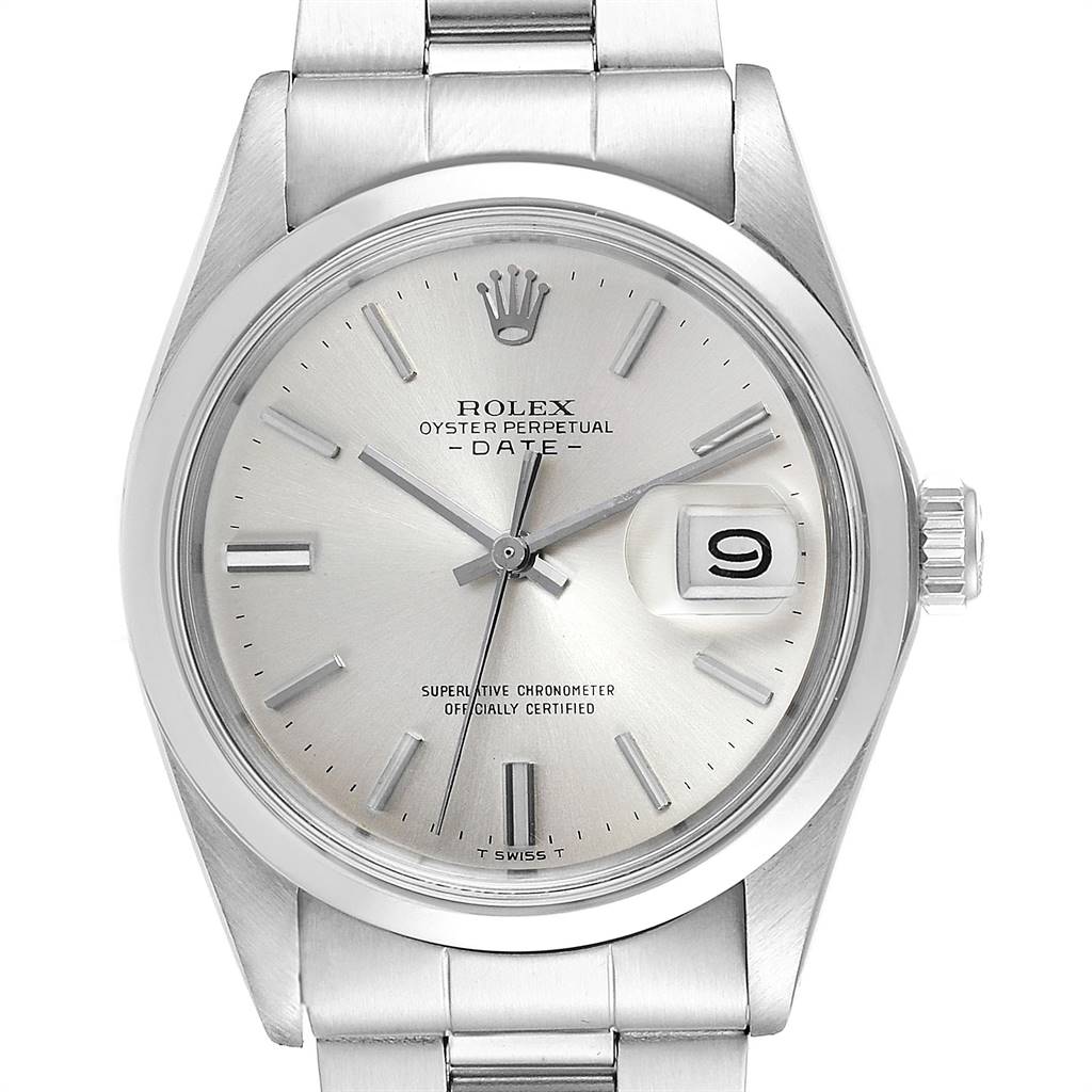 The image shows a direct frontal view of a Rolex Vintage Collection 1500 Men
s Stainless Steel Silver Dial 1500 Men
s Stainless Steel Silver Dial Oyster Perpetual Date watch, highlighting the dial, hands, and bracelet.
