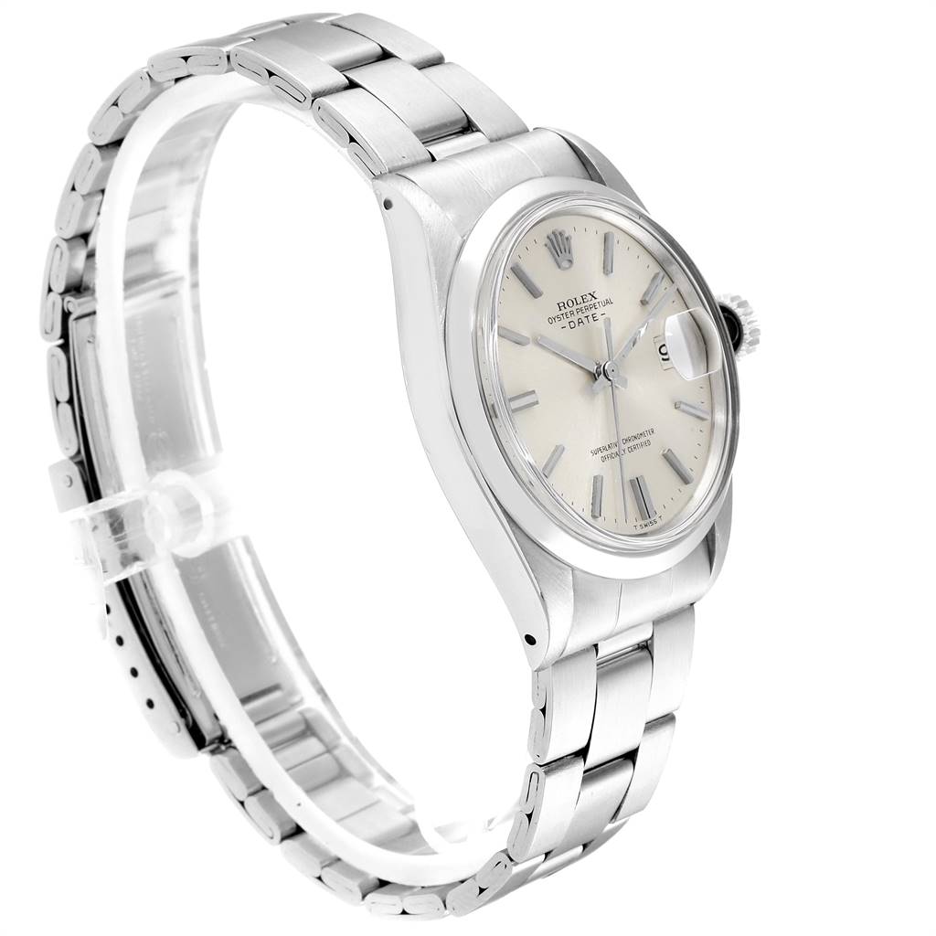 The image shows a Rolex Vintage Collection 1500 Men
s Stainless Steel Silver Dial 1500 Men
s Stainless Steel Silver Dial watch angled slightly from the left, highlighting its face, bezel, bracelet, and crown.