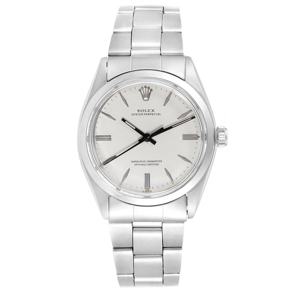 The image shows a front view of the Rolex Vintage Collection 1002 Men's Stainless Steel Silver Dial 1002 Men's Stainless Steel Silver Dial watch, displaying the dial, hands, crown, and bracelet.