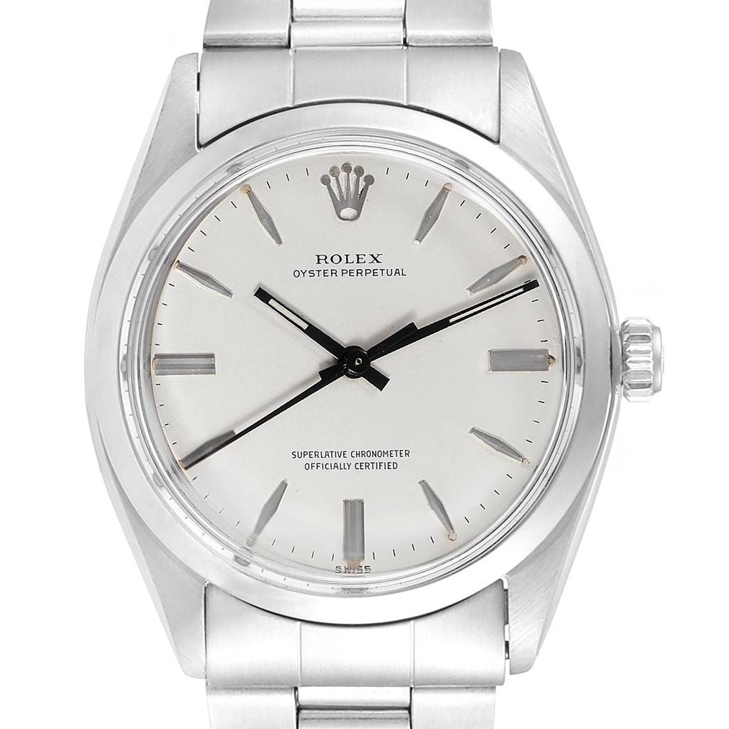This image shows a front view of the Rolex Vintage Collection 1002 Men's Stainless Steel Silver Dial 1002 Men's Stainless Steel Silver Dial Oyster Perpetual watch, highlighting its dial, case, and bracelet.