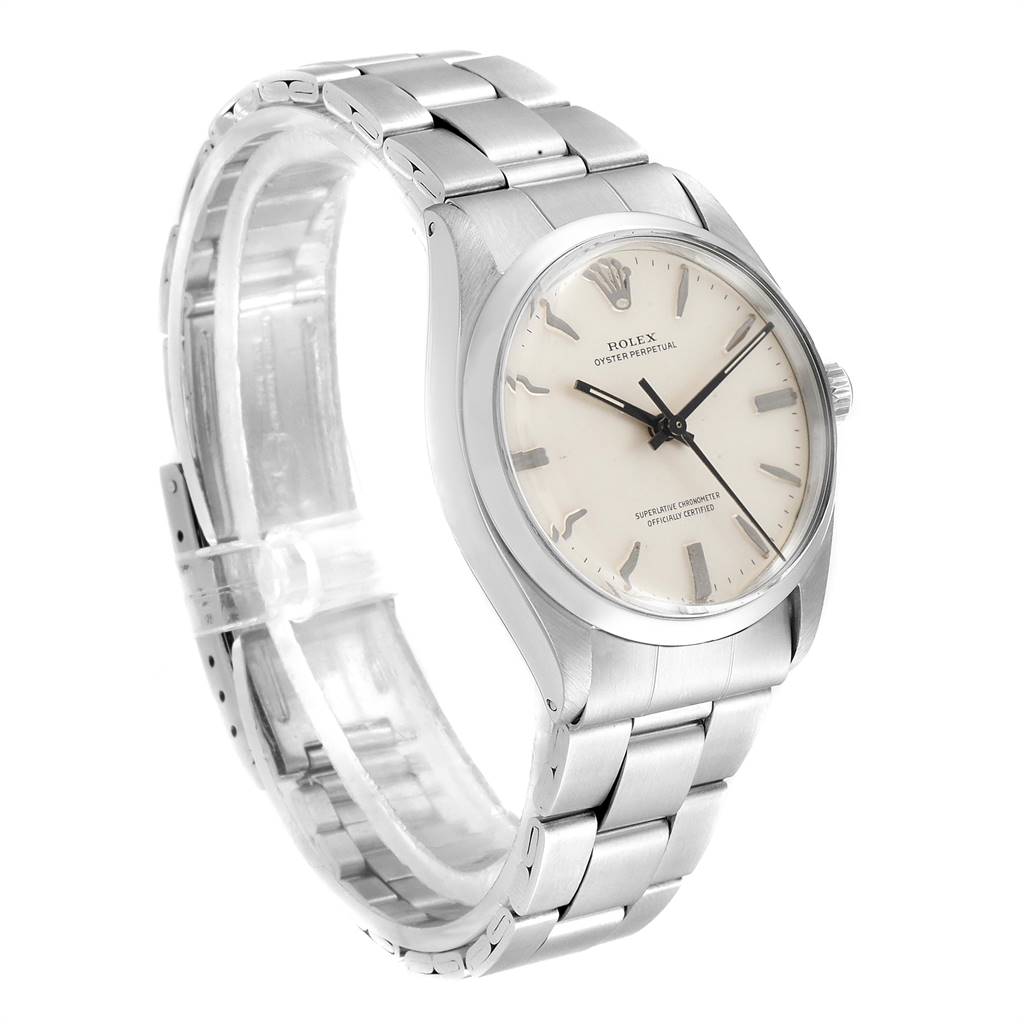 This image shows a Vintage Collection Rolex Oyster Perpetual watch angled from its right side with a clear view of the dial and bracelet.