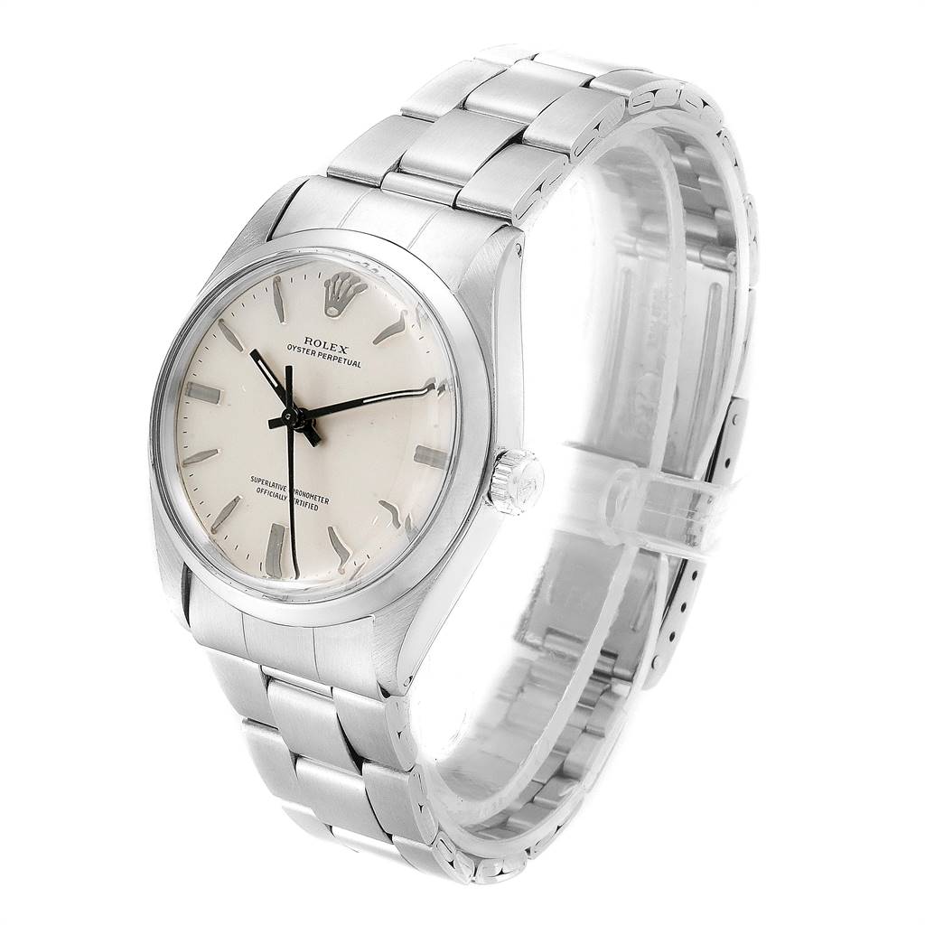 The Rolex Vintage Collection 1002 Men's Stainless Steel Silver Dial 1002 Men's Stainless Steel Silver Dial watch is shown at an angle highlighting its face, bezel, crown, and bracelet.
