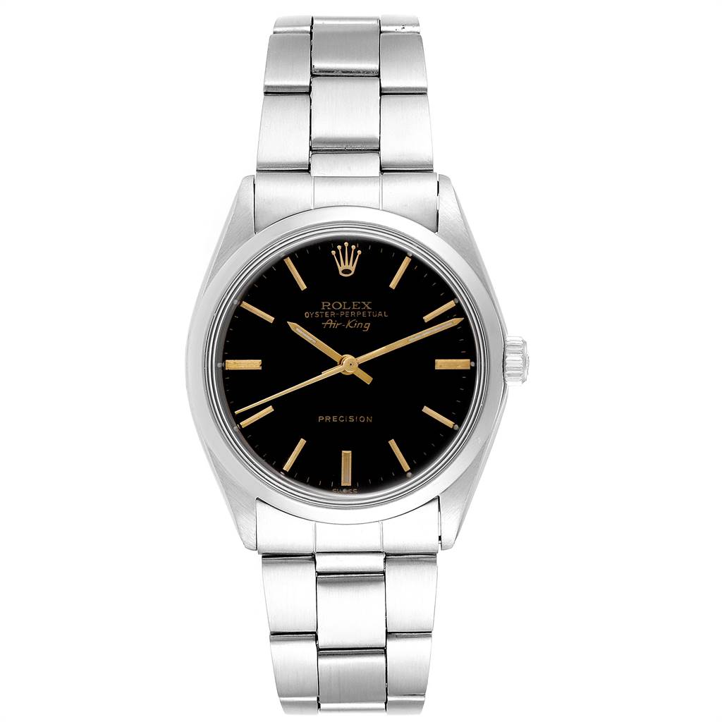 This image shows a front view of the Rolex Vintage Collection 5500 Men
s Stainless Steel Black Dial 5500 Men
s Stainless Steel Black Dial watch, highlighting its black dial and stainless steel bracelet.