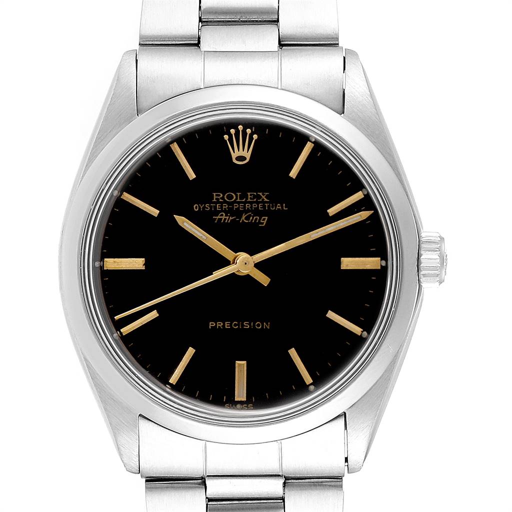 This image shows a front view of a Rolex Vintage Collection 5500 Men
s Stainless Steel Black Dial 5500 Men
s Stainless Steel Black Dial model, displaying its dial, bezel, crown, and bracelet.
