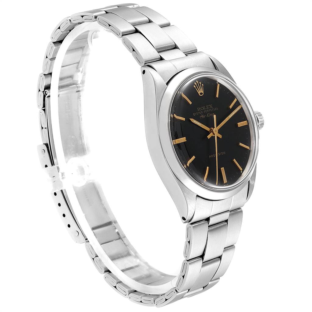 The Rolex Vintage Collection 5500 Men
s Stainless Steel Black Dial 5500 Men
s Stainless Steel Black Dial model is shown at a three-quarter angle, displaying its full face, side, and metal bracelet.