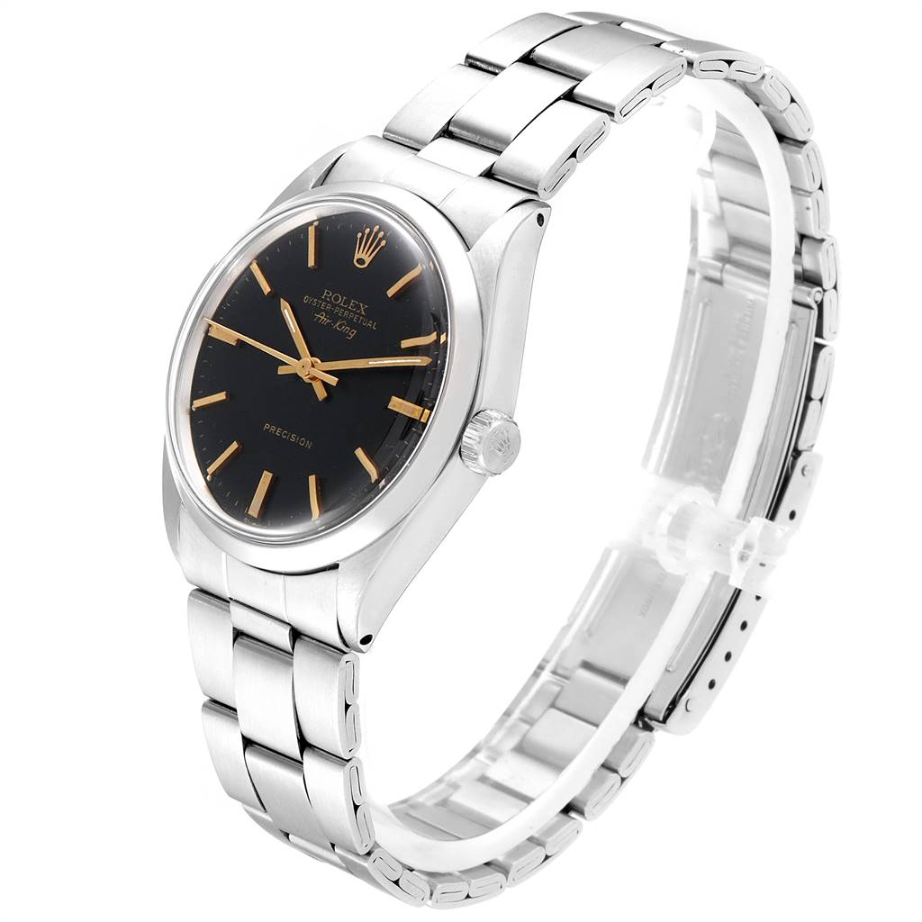 This image shows a Rolex Vintage Collection 5500 Men
s Stainless Steel Black Dial 5500 Men
s Stainless Steel Black Dial model watch at a side angle, highlighting the watch face, case, and metal bracelet.