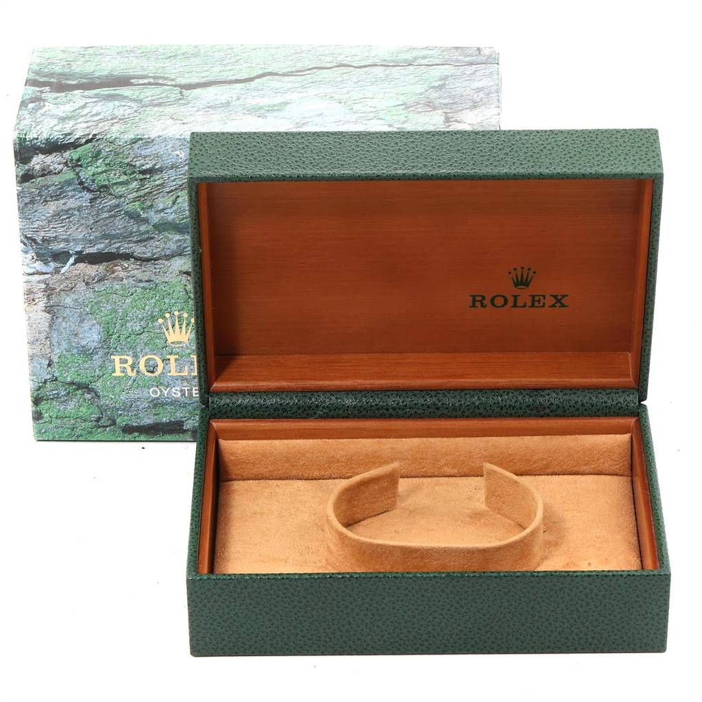 The image shows an open watch box for the Rolex Vintage Collection 5500 Men
s Stainless Steel Black Dial 5500 Men
s Stainless Steel Black Dial model, revealing the interior cushion holder.