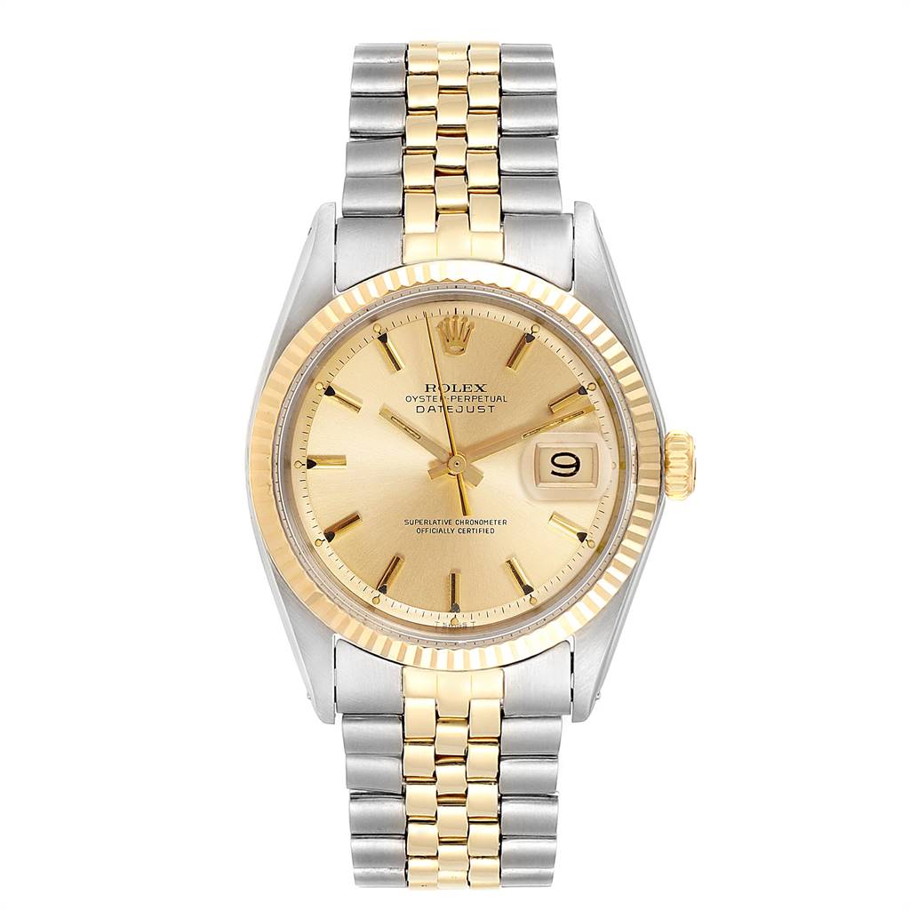 The image shows a front view of a Rolex Vintage Collection 1601 Men's Steel and Gold (two tone) Silver Dial 1601 Men's Steel and Gold (two tone) Silver Dial model watch, displaying its dial, bezel, and two-tone bracelet.