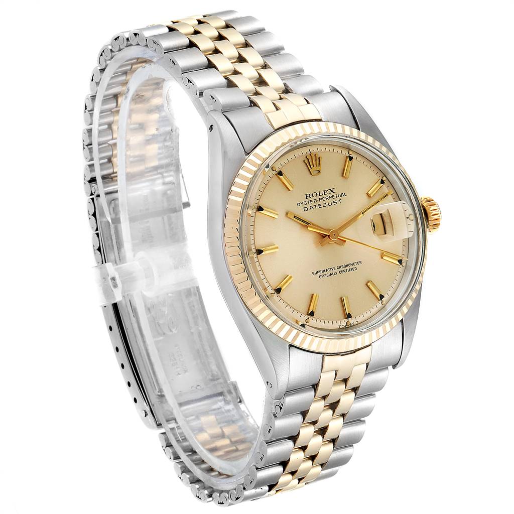 The image displays a side angle of the Rolex Vintage Collection 1601 Men's Steel and Gold (two tone) Silver Dial 1601 Men's Steel and Gold (two tone) Silver Dial watch, highlighting its two-tone bracelet, dial, and crown.