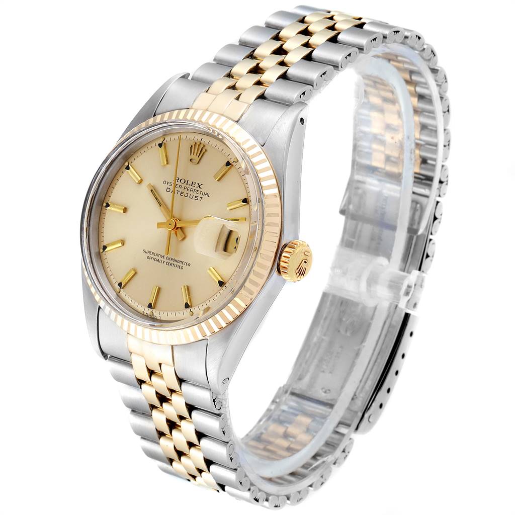 This image shows the face and strap of a Rolex Vintage Collection 1601 Men's Steel and Gold (two tone) Silver Dial 1601 Men's Steel and Gold (two tone) Silver Dial model at a 3/4 angle.