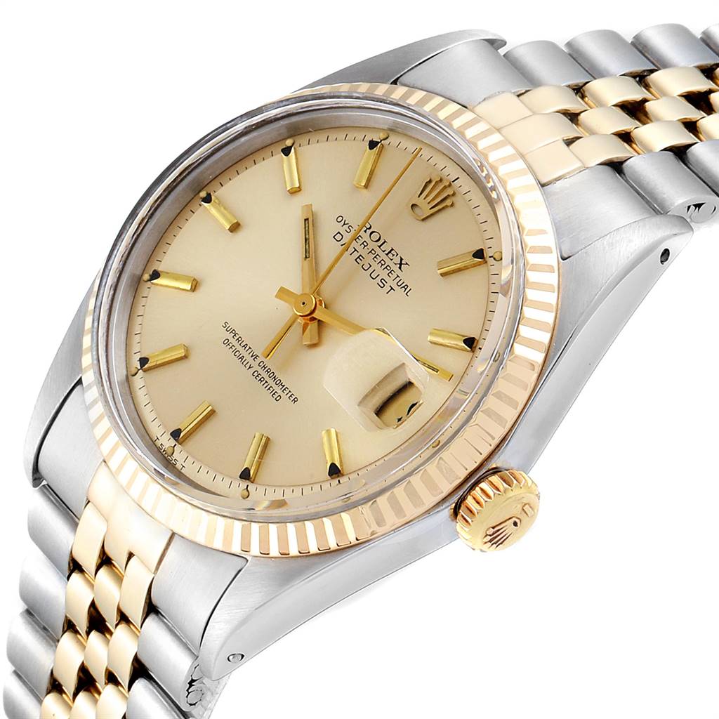 The image shows a angled view of the Rolex Vintage Collection 1601 Men's Steel and Gold (two tone) Silver Dial 1601 Men's Steel and Gold (two tone) Silver Dial model, highlighting the face, bracelet, and crown.