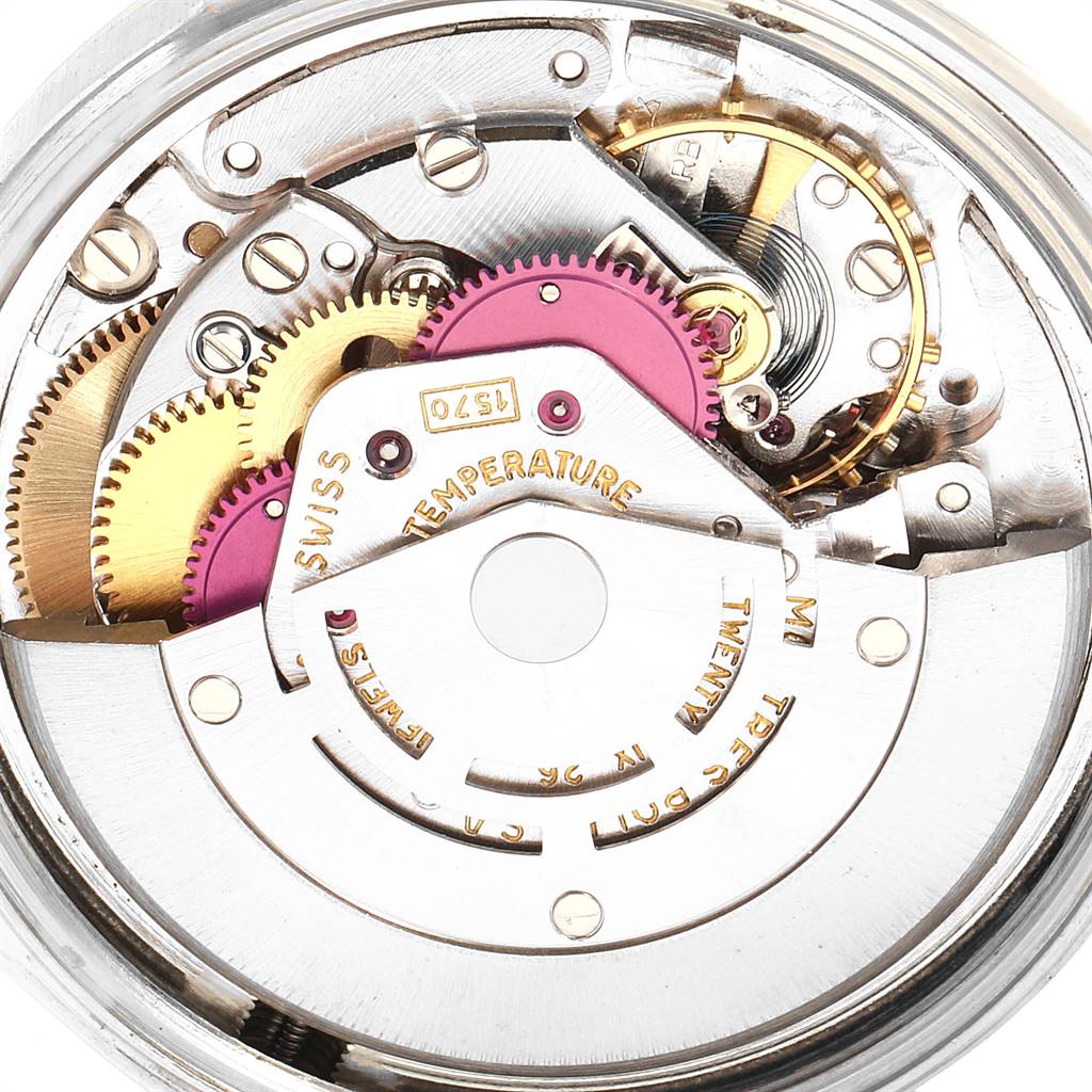 This image shows the inner mechanical movement of a Rolex Vintage Collection 1601 Men's Steel and Gold (two tone) Silver Dial 1601 Men's Steel and Gold (two tone) Silver Dial model from a top-down angle.