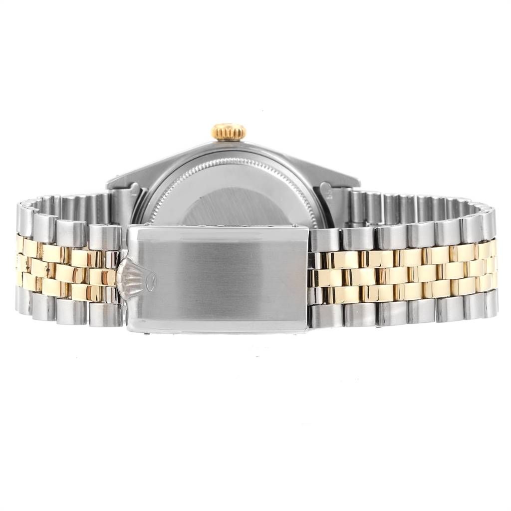 The image shows the back view of a Rolex Vintage Collection 1601 Men's Steel and Gold (two tone) Silver Dial 1601 Men's Steel and Gold (two tone) Silver Dial watch, focusing on the clasp and bracelet.