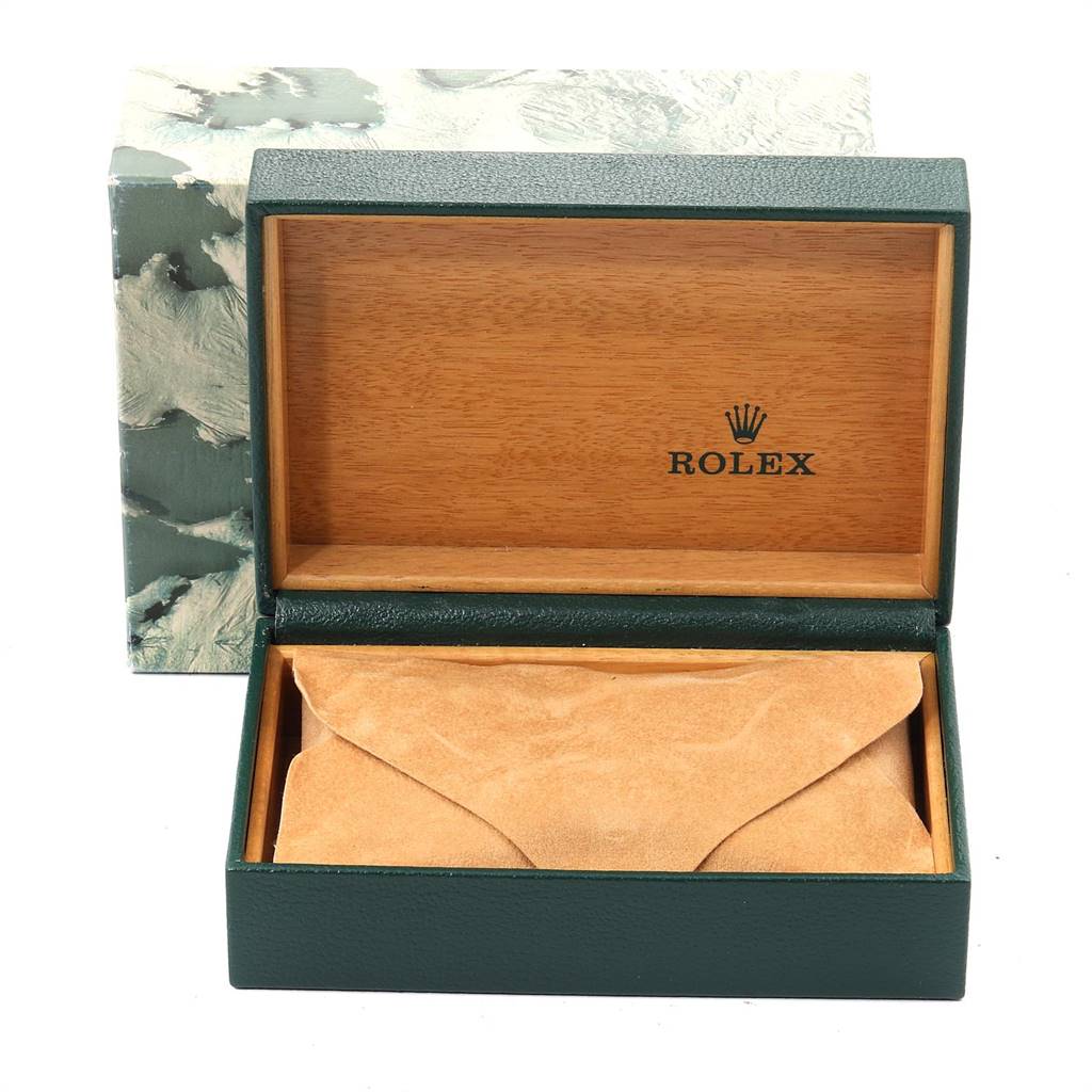 The image shows an open Rolex Vintage Collection 1601 Men's Steel and Gold (two tone) Silver Dial 1601 Men's Steel and Gold (two tone) Silver Dial watch box with a leather envelope inside.