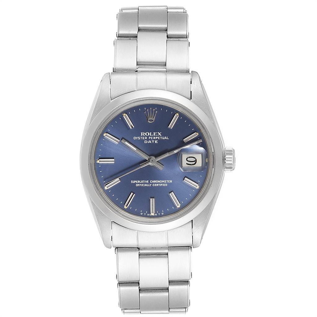 This image shows a front view of a Rolex Vintage Collection 1500 Men's Stainless Steel Blue Dial 1500 Men's Stainless Steel Blue Dial Oyster Perpetual Date watch with a blue dial and silver bracelet.