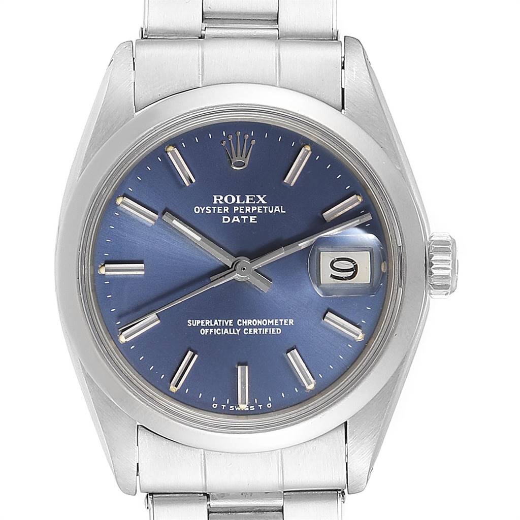 The image shows a front view of the Rolex Vintage Collection 1500 Men's Stainless Steel Blue Dial 1500 Men's Stainless Steel Blue Dial watch, highlighting its blue dial and date display.