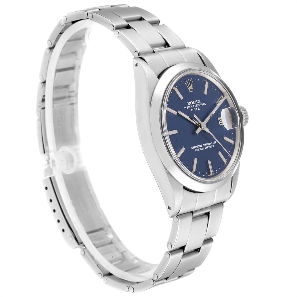 The Rolex Vintage Collection 1500 Men's Stainless Steel Blue Dial 1500 Men's Stainless Steel Blue Dial model is shown at an angle highlighting its face, bezel, and bracelet.