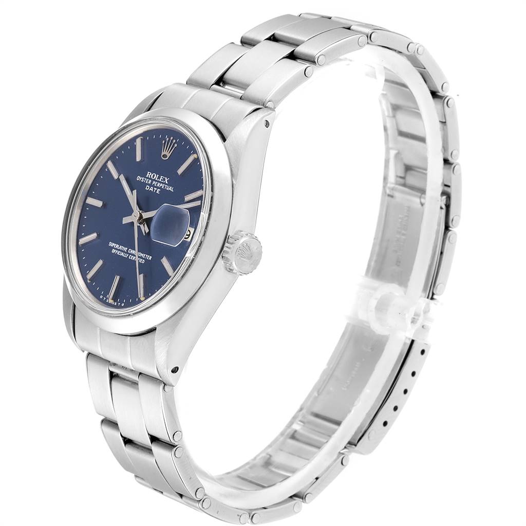 The image shows a side angle view of a Rolex Vintage Collection 1500 Men's Stainless Steel Blue Dial 1500 Men's Stainless Steel Blue Dial model, displaying its face, case, and bracelet.