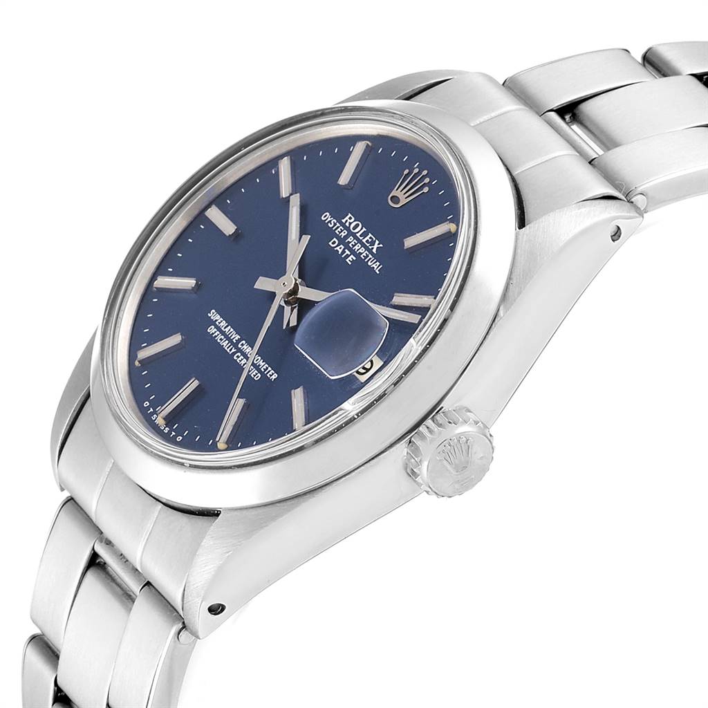 The Rolex Vintage Collection 1500 Men's Stainless Steel Blue Dial 1500 Men's Stainless Steel Blue Dial watch is shown from a side angle, highlighting the dial, crown, and part of the bracelet.