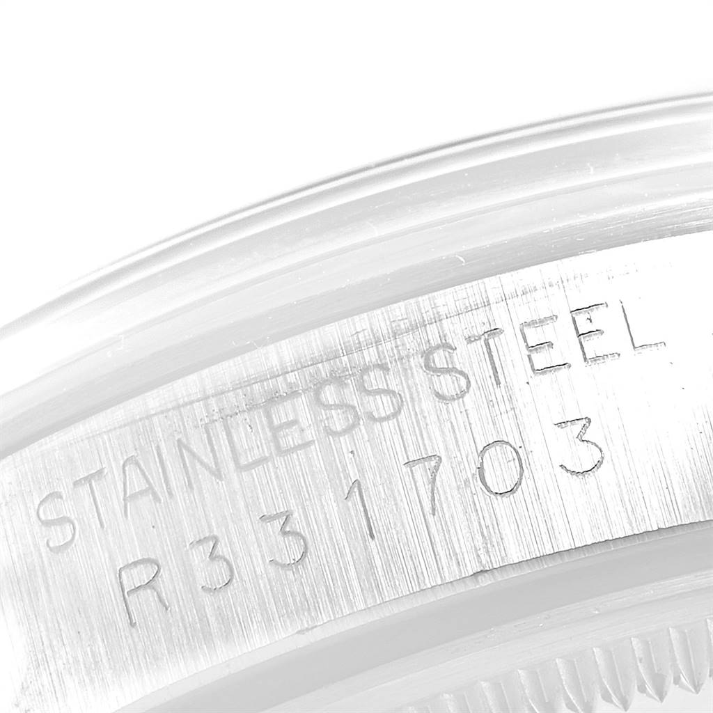 The image shows a close-up of the case back area of the Rolex Vintage Collection 5500 Men's Stainless Steel Blue Dial 5500 Men's Stainless Steel Blue Dial watch, highlighting the engraved text.