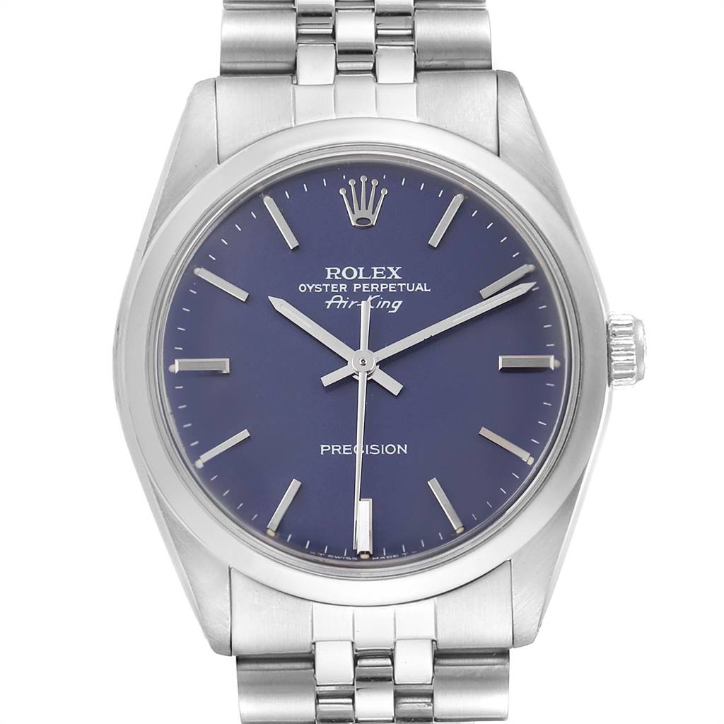 The image shows a frontal view of a Rolex Vintage Collection 5500 Men's Stainless Steel Blue Dial 5500 Men's Stainless Steel Blue Dial Oyster Perpetual Air-King watch, highlighting the dial and bracelet.