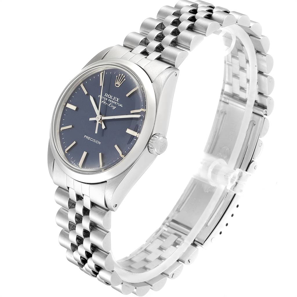 The image shows a side angle of the Rolex Vintage Collection 5500 Men's Stainless Steel Blue Dial 5500 Men's Stainless Steel Blue Dial watch, highlighting its face, crown, and metal bracelet.