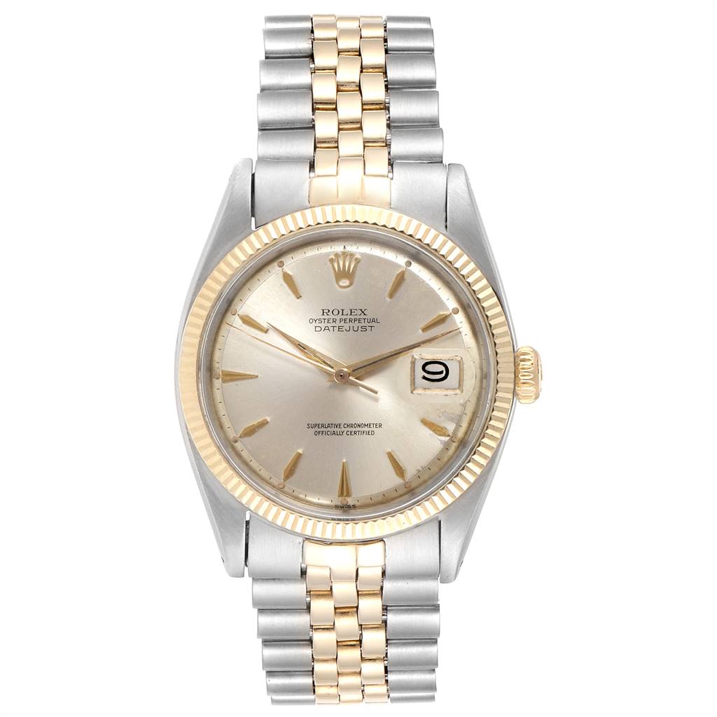 The image shows a Rolex Vintage Collection 1601 Men's Steel and Gold (two tone) Silver Dial 1601 Men's Steel and Gold (two tone) Silver Dial Datejust watch facing straight on, displaying the dial, hands, and two-tone bracelet.