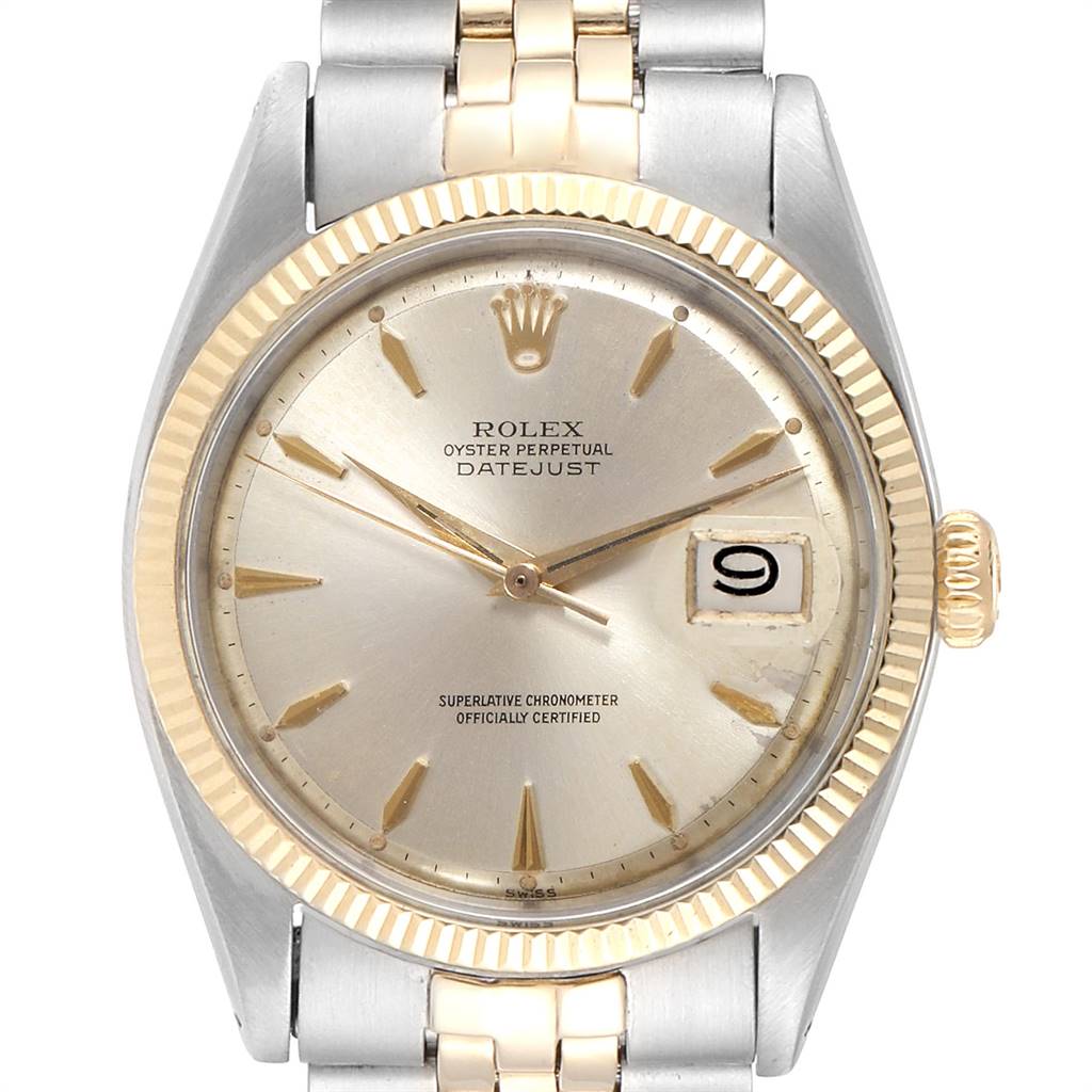 The image shows a front view of the Rolex Vintage Collection 1601 Men's Steel and Gold (two tone) Silver Dial 1601 Men's Steel and Gold (two tone) Silver Dial Datejust with a gold and silver bracelet and fluted bezel.