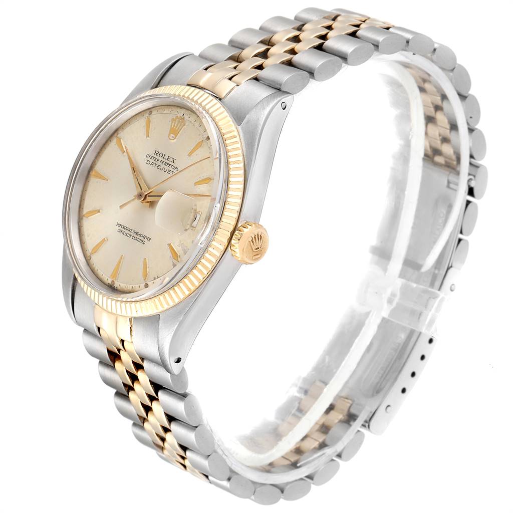 The image shows a side-angle view of a Rolex Vintage Collection 1601 Men's Steel and Gold (two tone) Silver Dial 1601 Men's Steel and Gold (two tone) Silver Dial watch, highlighting the dial, bezel, crown, and two-tone bracelet.