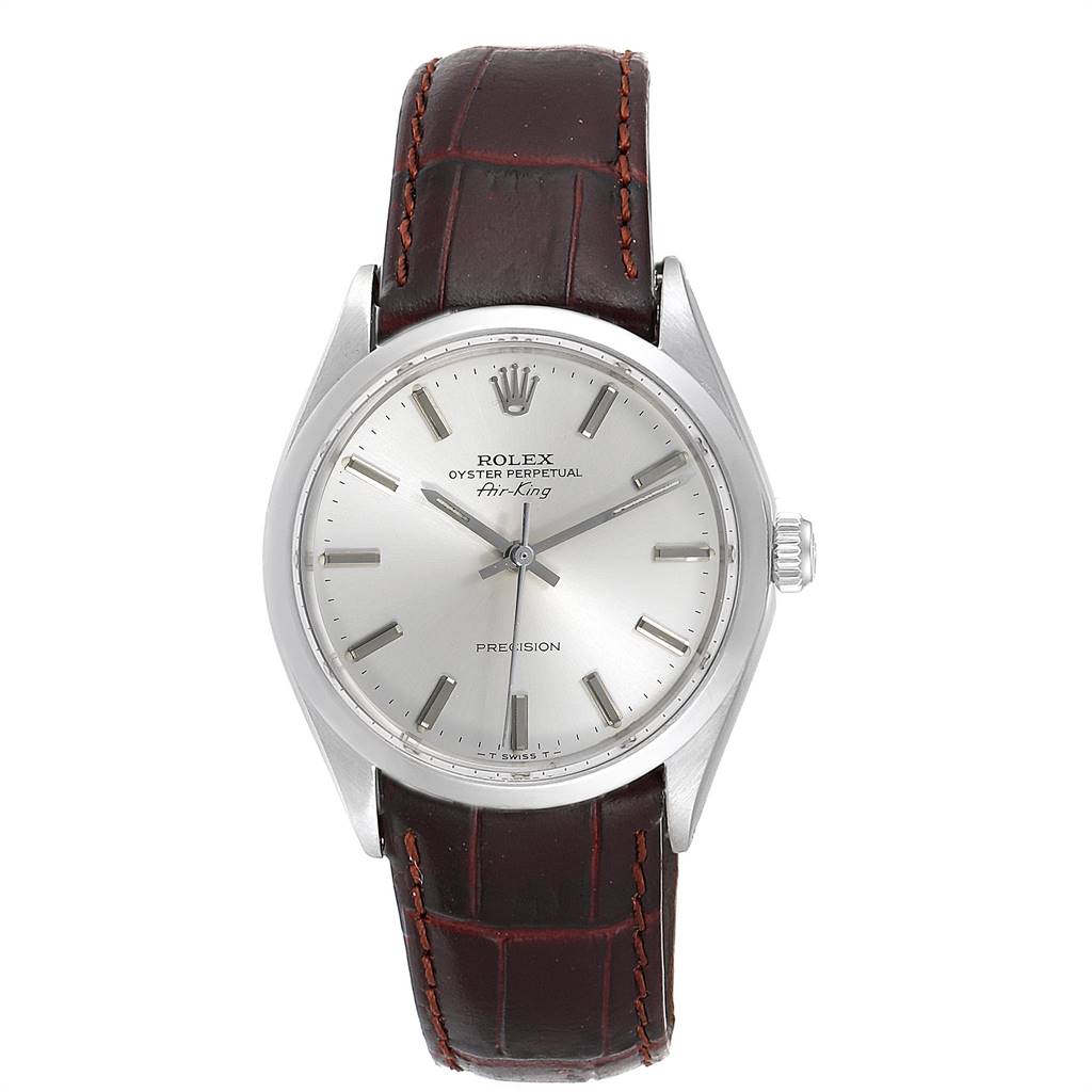 The image shows a front view of the Rolex Vintage Collection 5500 Men
s Stainless Steel Silver Dial 5500 Men
s Stainless Steel Silver Dial Air-King watch with a brown leather strap and silver dial.