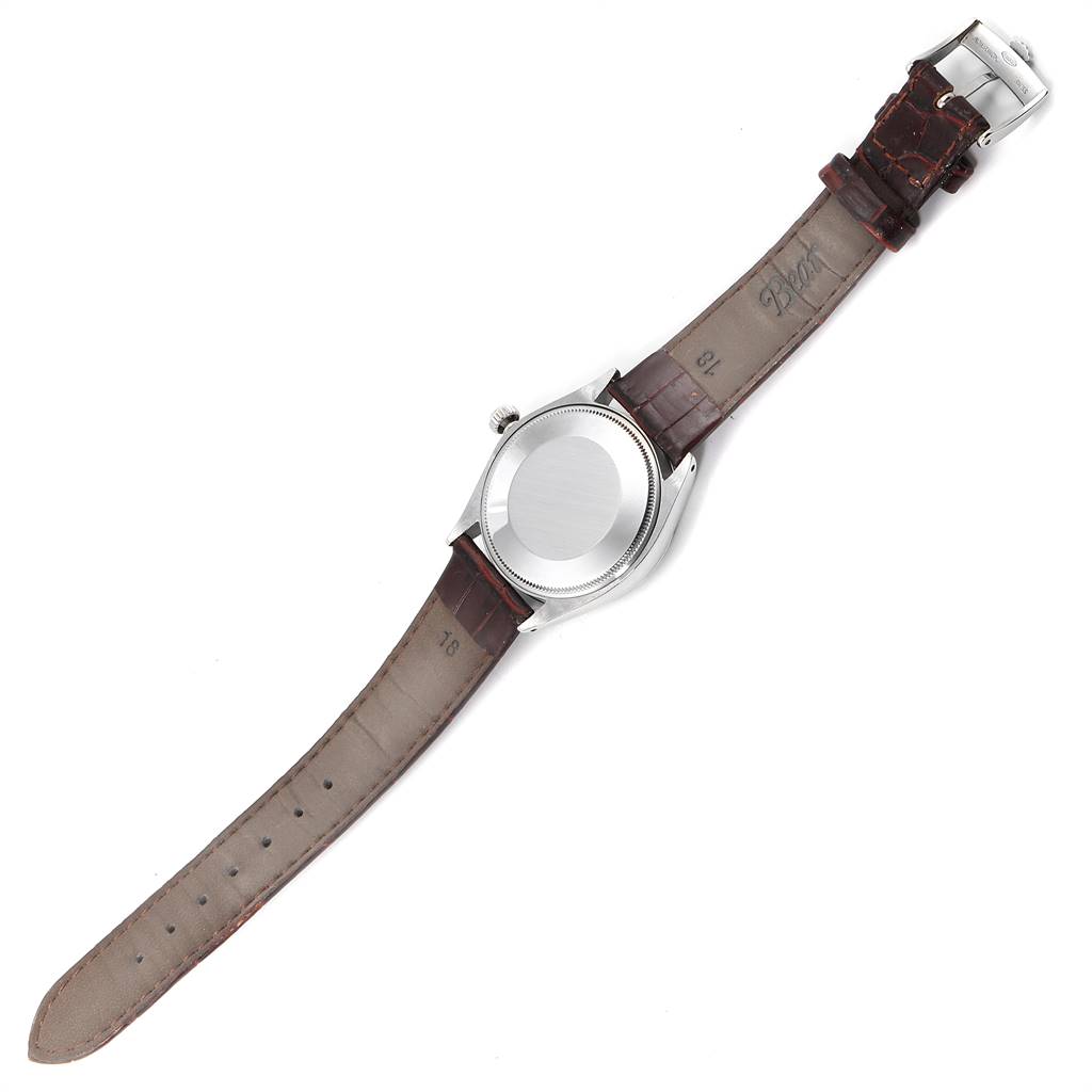 This image shows the back and strap of a Rolex Vintage Collection 5500 Men
s Stainless Steel Silver Dial 5500 Men
s Stainless Steel Silver Dial watch from a flat, horizontal angle.