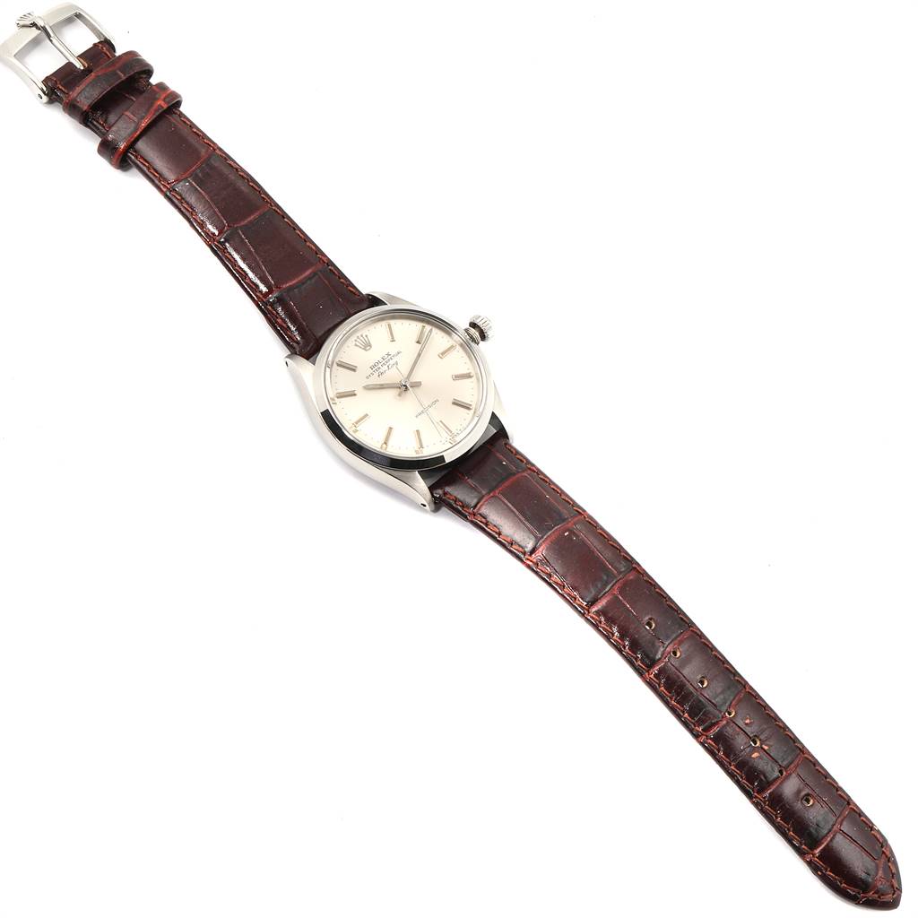 The Rolex Vintage Collection 5500 Men
s Stainless Steel Silver Dial 5500 Men
s Stainless Steel Silver Dial model watch is shown from a top-down angle, displaying the face, case, and entire strap.