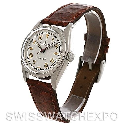 The image shows a Rolex Vintage Collection 5048 Men's Stainless Steel Silver Dial 5048 Men's Stainless Steel Silver Dial model watch with a brown leather strap, captured at a three-quarter angle.