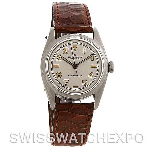 The image shows a front view of the Rolex Vintage Collection 5048 Men's Stainless Steel Silver Dial 5048 Men's Stainless Steel Silver Dial watch, highlighting the dial, case, and leather strap.