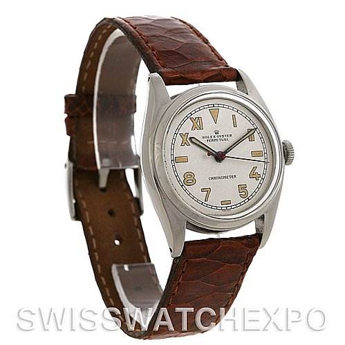 The image shows the Rolex Vintage Collection 5048 Men's Stainless Steel Silver Dial 5048 Men's Stainless Steel Silver Dial model from a three-quarter angle, highlighting the watch face and brown leather strap.