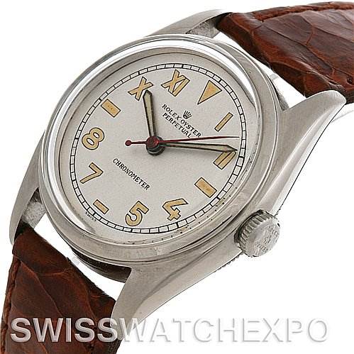 The watch shown is a Rolex Vintage Collection 5048 Men's Stainless Steel Silver Dial 5048 Men's Stainless Steel Silver Dial model, displaying a side angle of the case, dial, and brown leather strap.
