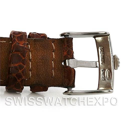 This image shows the leather strap and metal buckle of the Rolex Vintage Collection 5048 Men's Stainless Steel Silver Dial 5048 Men's Stainless Steel Silver Dial watch from a side angle.