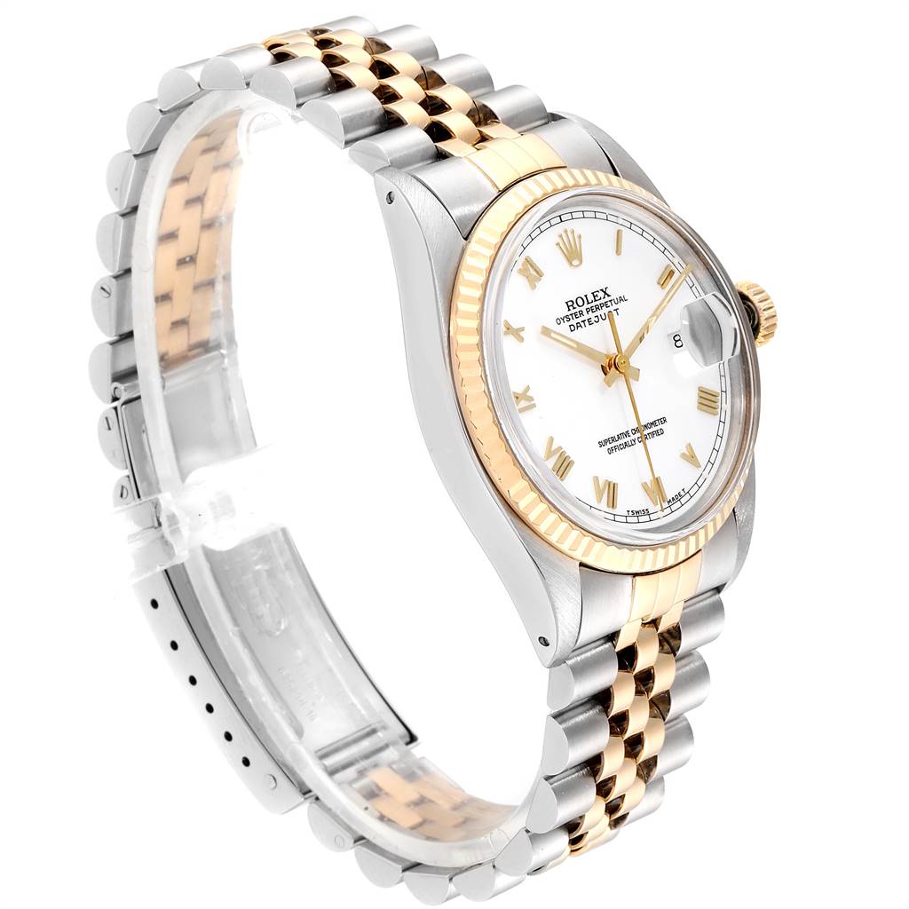 The Rolex Vintage Collection 16013 Men's Stainless Steel White Dial 16013 Men's Stainless Steel White Dial watch is shown at an angle highlighting its face, bezel, crown, and two-tone bracelet.