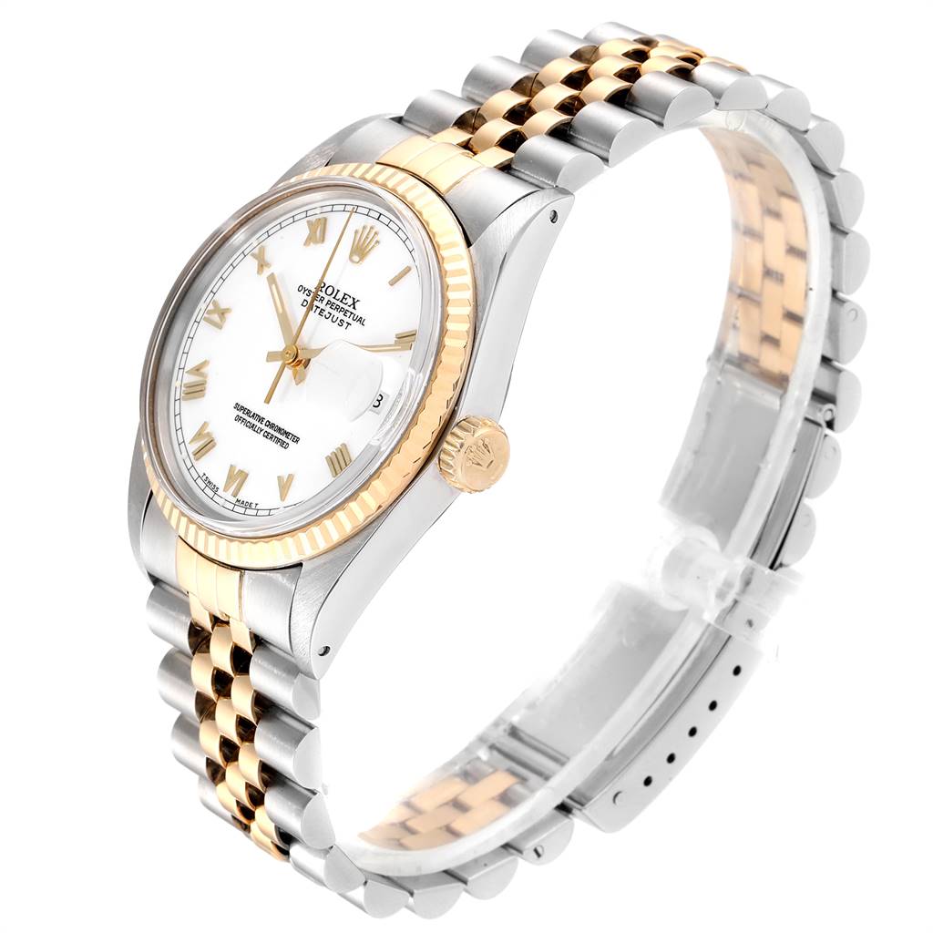 This image shows a Rolex Vintage Collection 16013 Men's Stainless Steel White Dial 16013 Men's Stainless Steel White Dial watch angled to display its face, bezel, and two-tone bracelet.