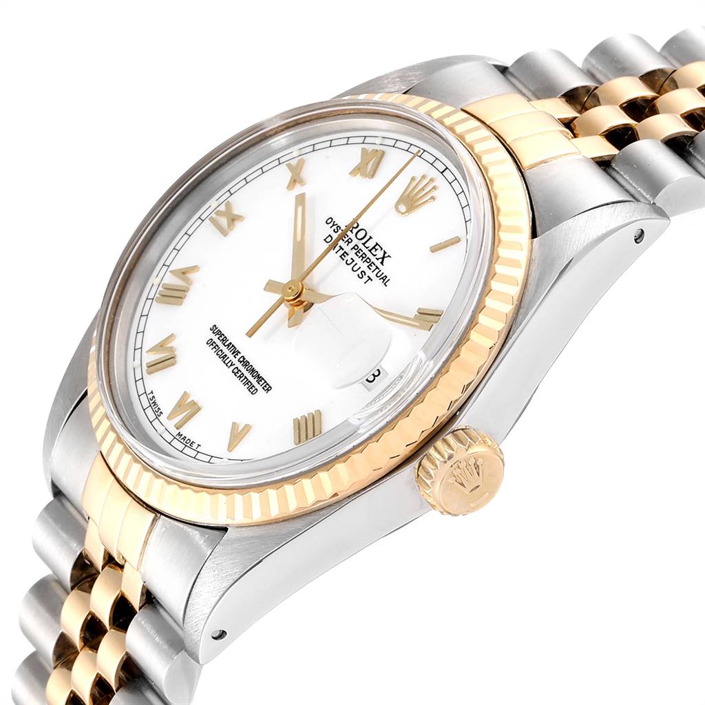This is a close-up view of a Rolex Vintage Collection 16013 Men's Stainless Steel White Dial 16013 Men's Stainless Steel White Dial watch showing the face, bezel, crown, and part of the bracelet.